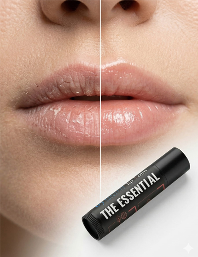 Пред и после ефект на балсам за усни The Essential од bymimi cosmetics — суви напукнати усни vs хидрирани меки усни